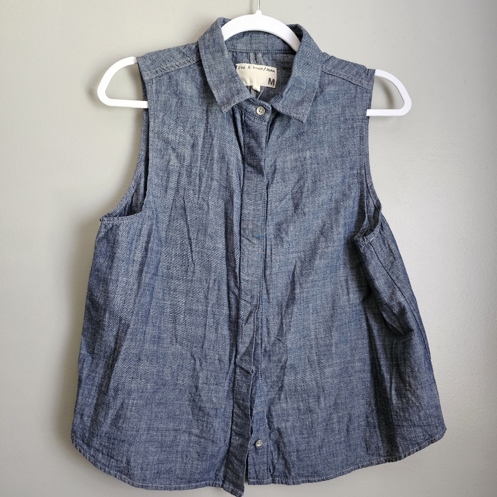 Rag & Bone - Chambray Sleeveless Button-Up Blouse Denim Size Medium - Picture 2 of 5
